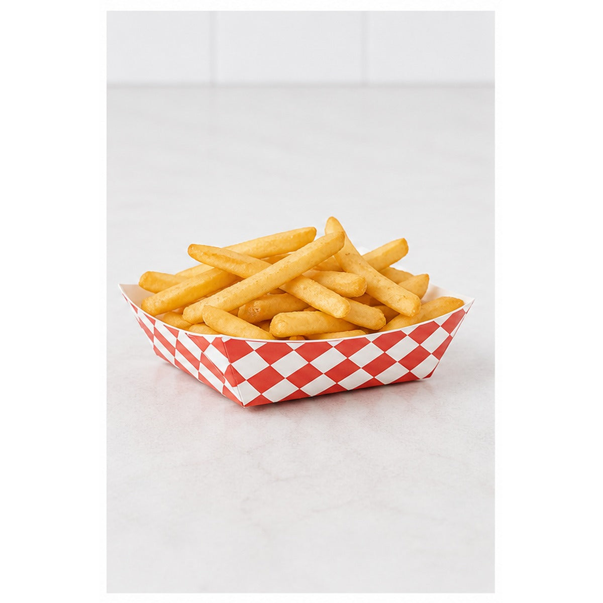 1/2 lb red checkered paper food tray filled with fries - 1,000/Case