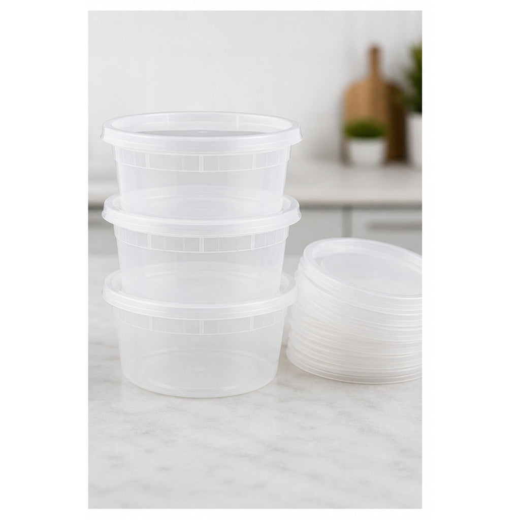 12 oz translucent deli soup containers and lids stacked