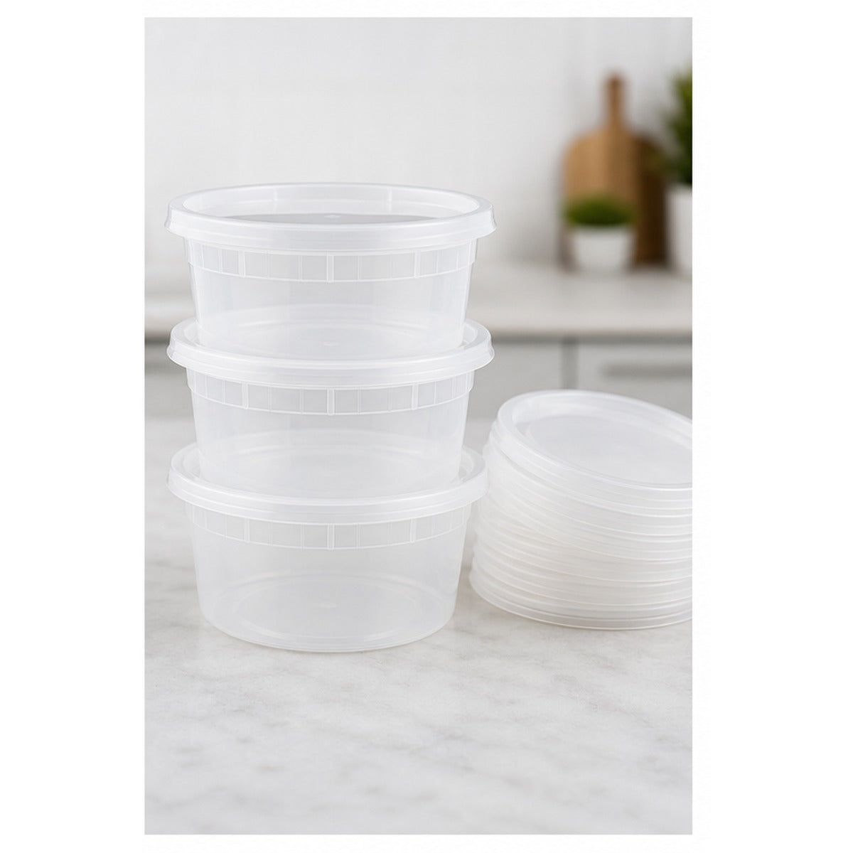 12 oz translucent deli soup containers and lids stacked