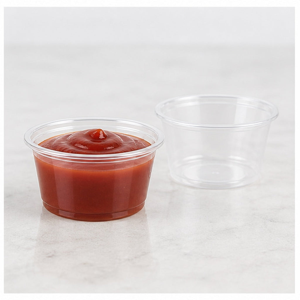 1.5 oz clear plastic portion cup filled with sauce - 2,500/Case