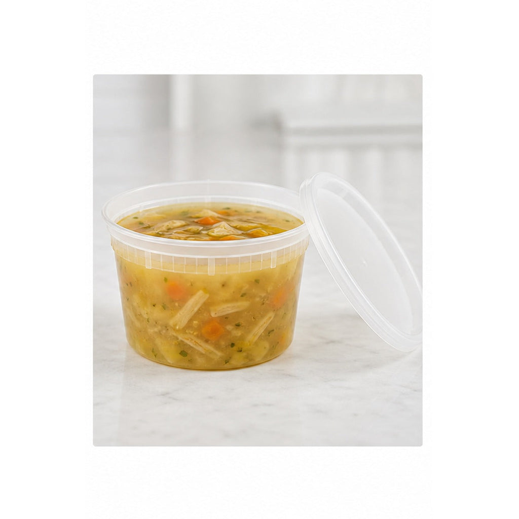 16 oz translucent deli soup container filled with soup