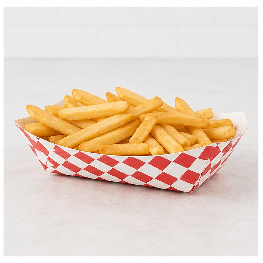 1 lb red checkered paper food tray filled with fries - 1,000/Case