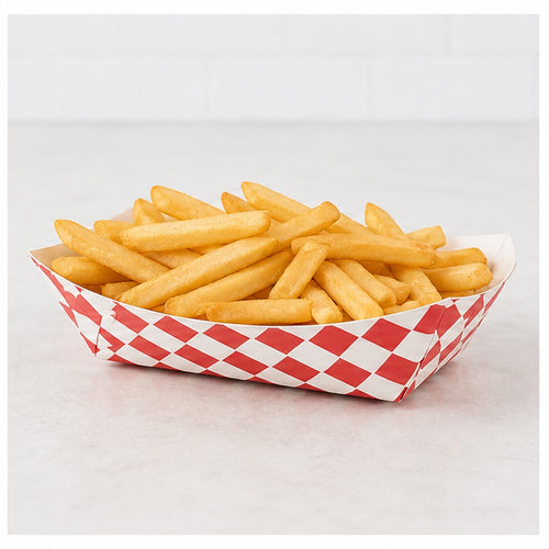 1 lb red checkered paper food tray filled with fries - 1,000/Case