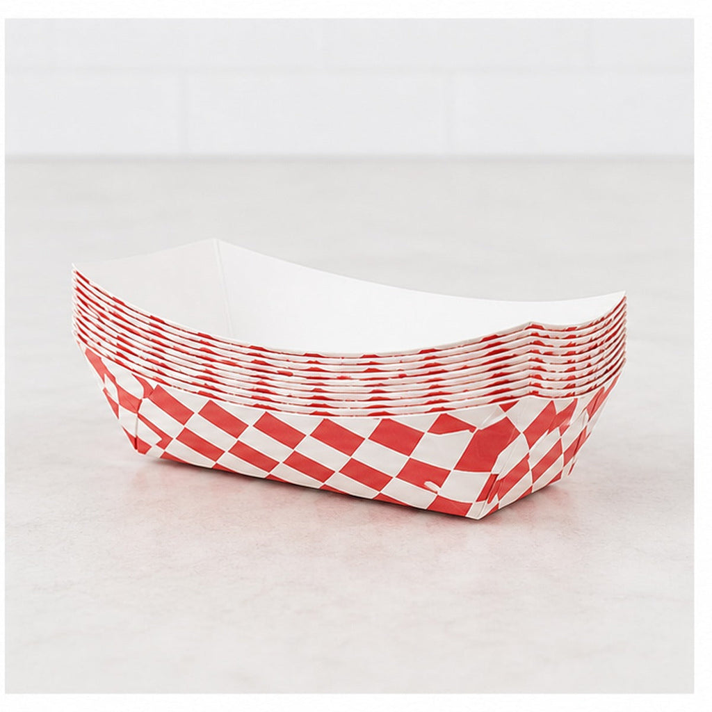 Stack of 1 lb red checkered paper food trays - 1,000/Case