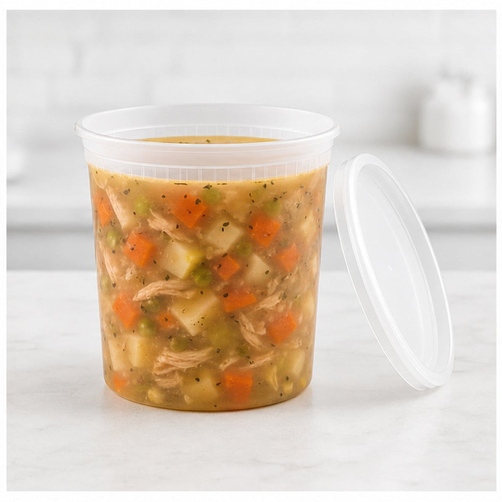 24 oz translucent deli soup container filled with soup