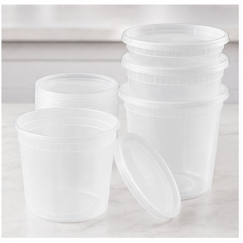 24 oz translucent deli soup containers and lids stacked