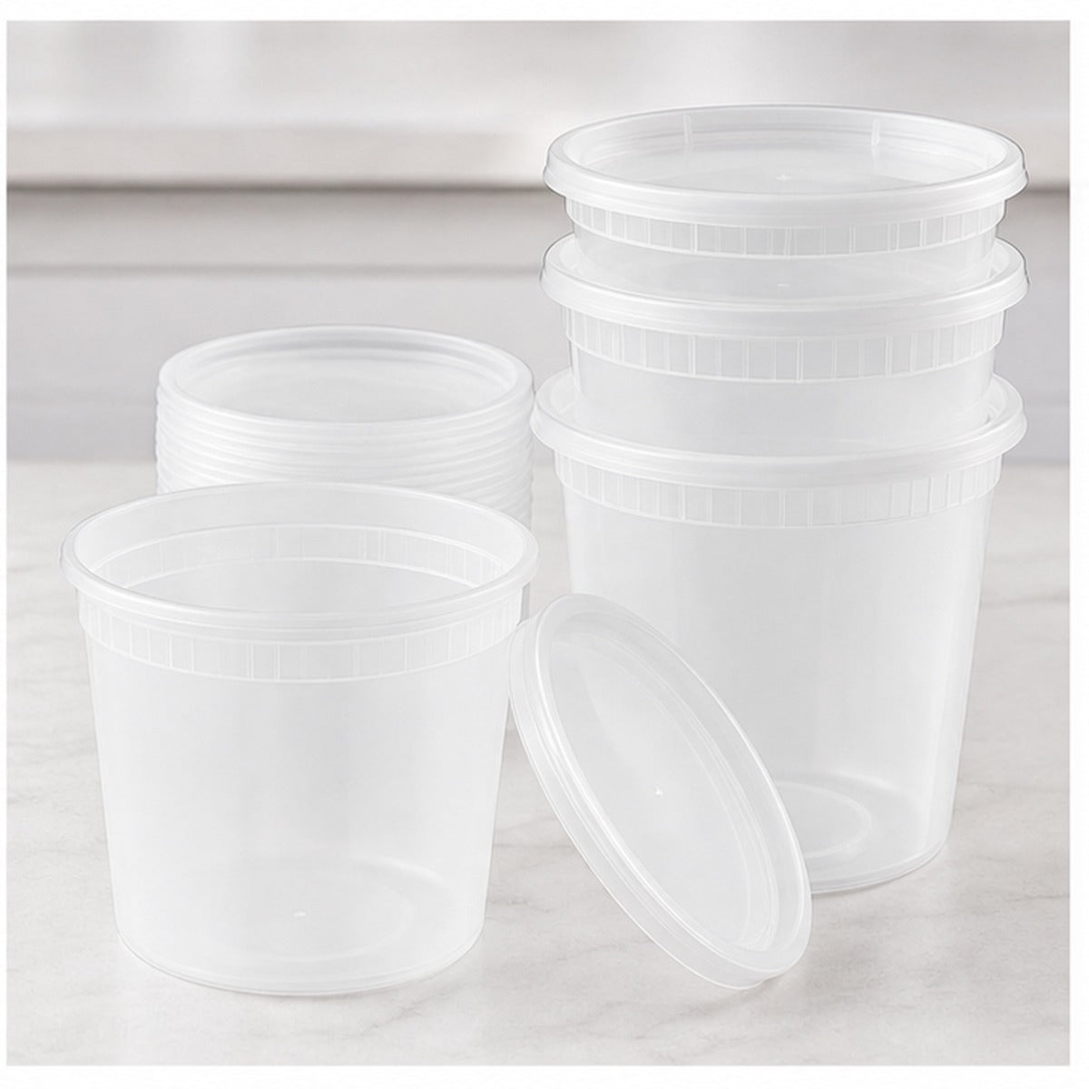 24 oz translucent deli soup containers and lids stacked