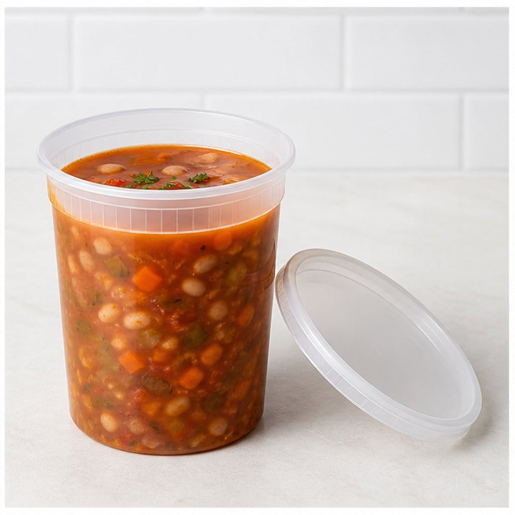 32 oz translucent deli soup container filled with soup