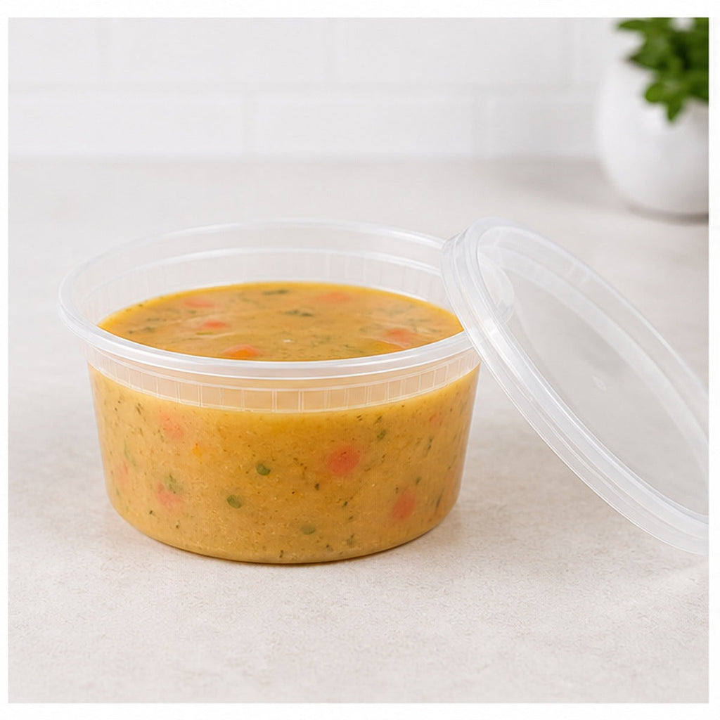 8 oz translucent deli soup container filled with soup