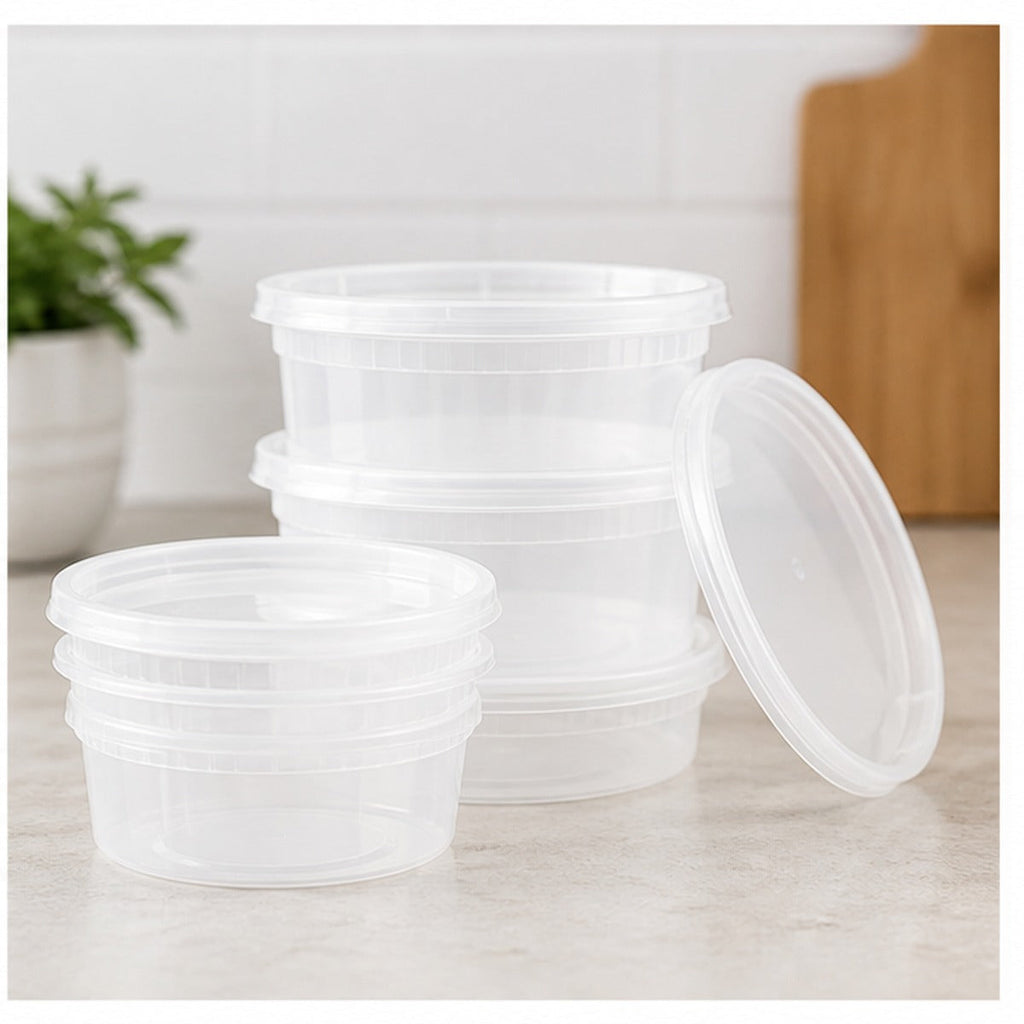 8 oz translucent deli soup containers and lids stacked