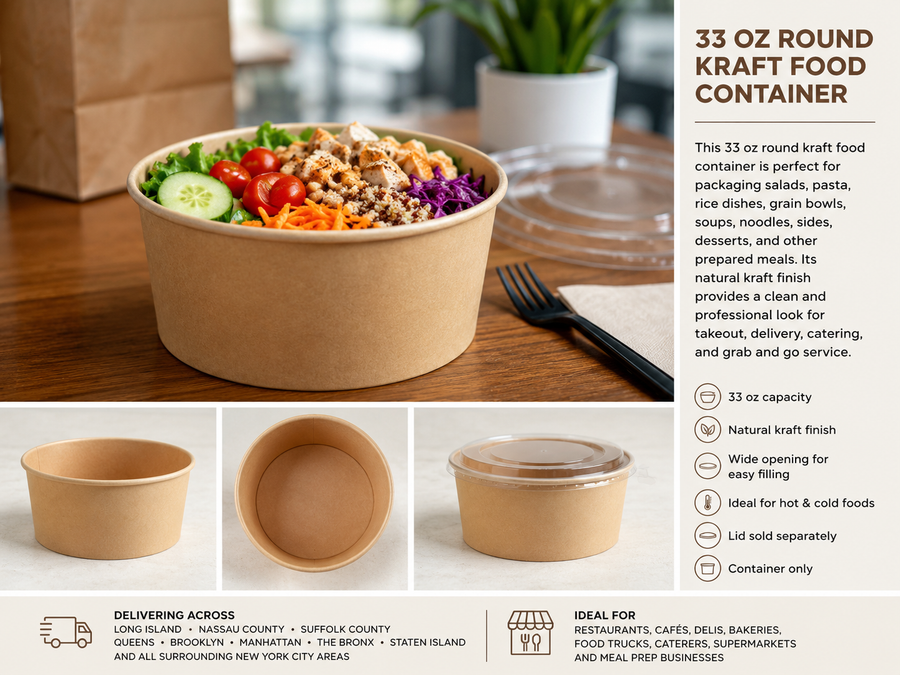 33 oz Round Kraft Food Container - 300/Case