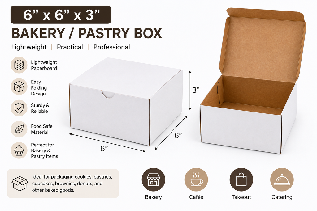 Customizable 6 x 6 x 3 bakery box for pies, pastries, and desserts