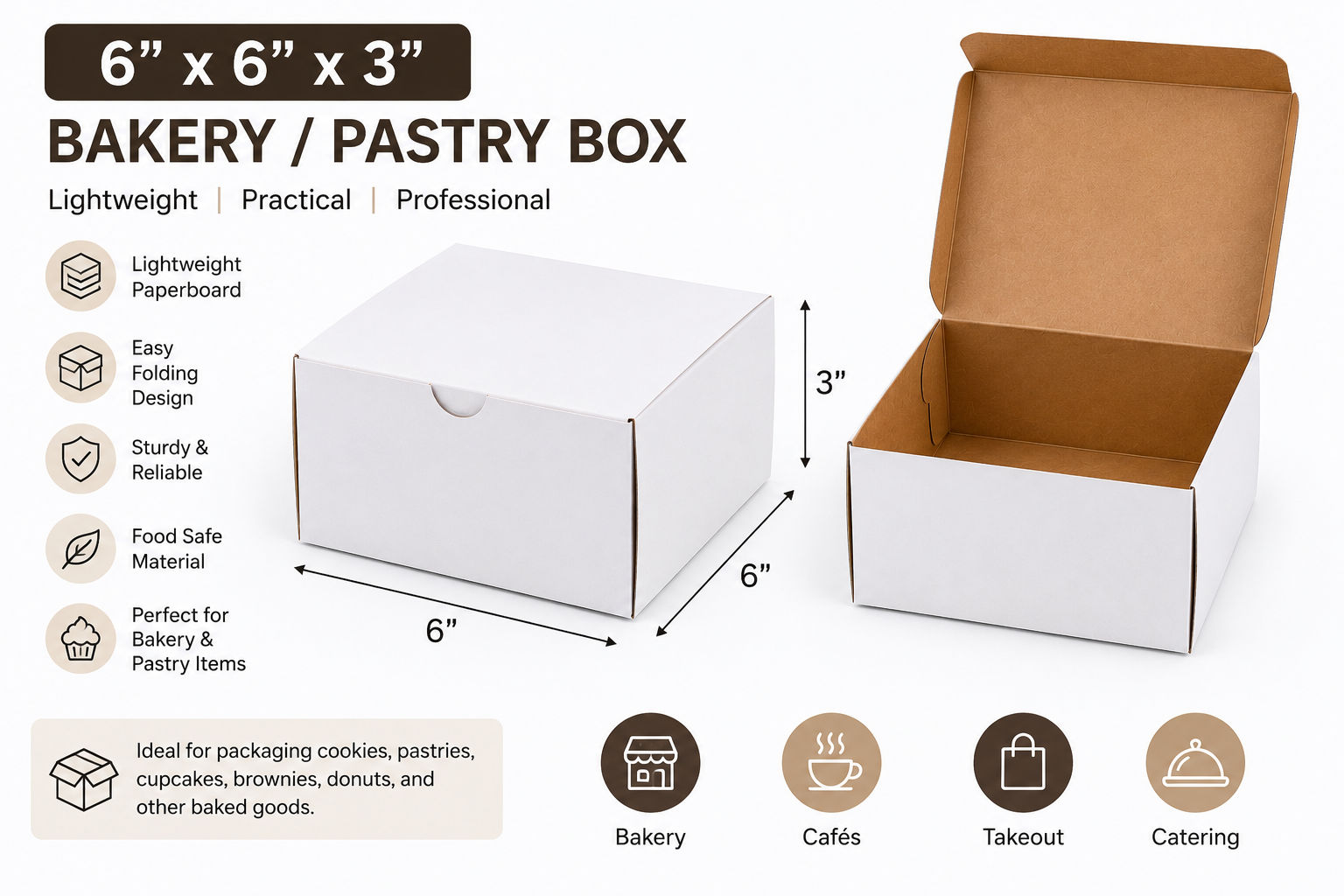 Customizable 6 x 6 x 3 bakery box for pies, pastries, and desserts