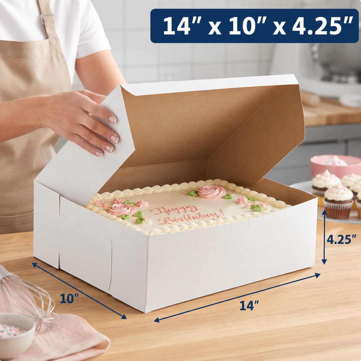 14" x 10" x 4.25" White Customizable Cake / Bakery Box - 100/Case