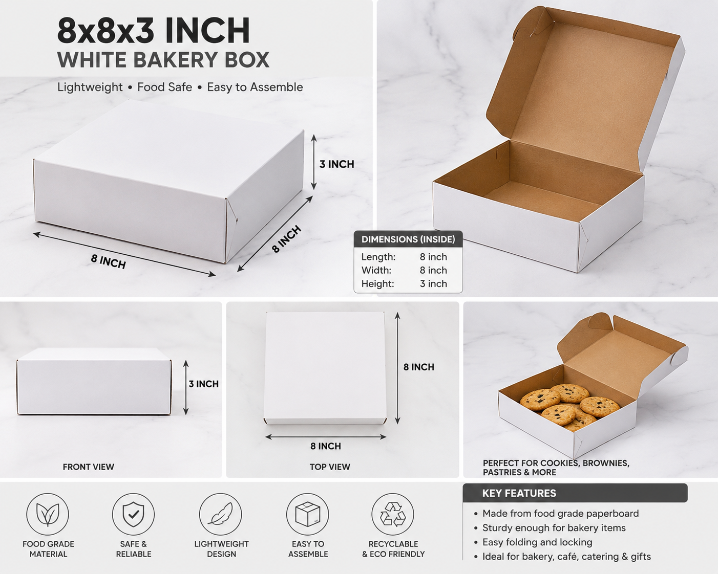 8" x 8" x 3" White Pie and Bakery Box - 250/Case product photo for Long Island and NYC foodservice supplies