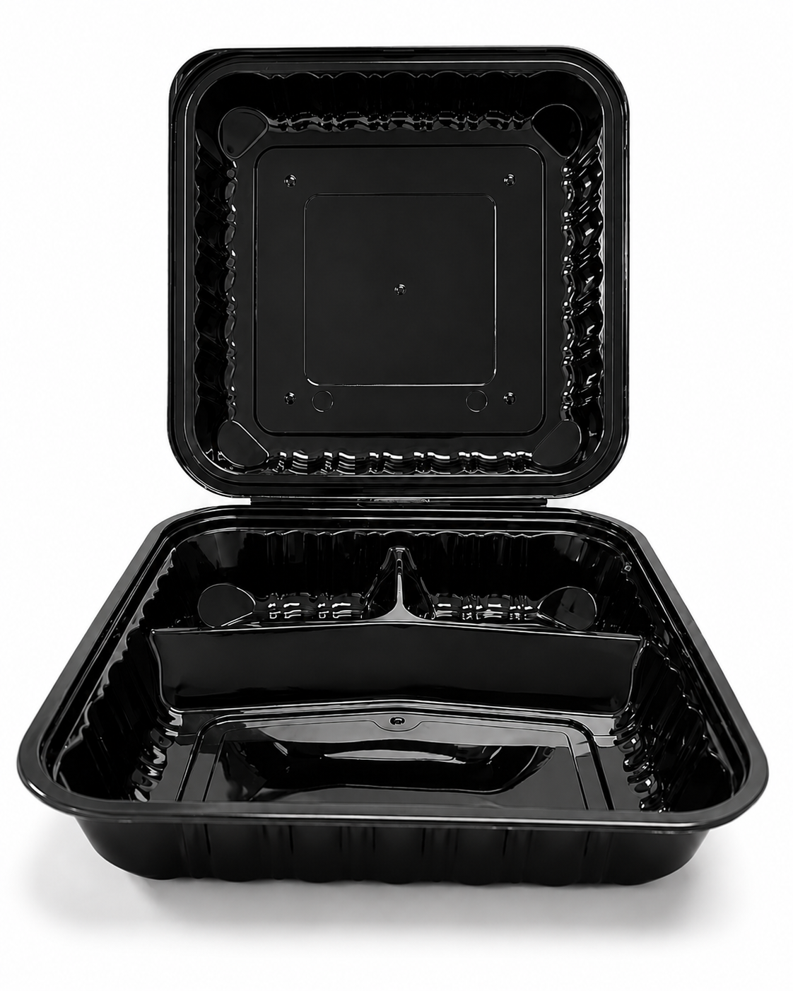 8x8 Hinged Container (3 Compartment) Shine Black - 150/Case product image for NYC and Long Island restaurant supplies
