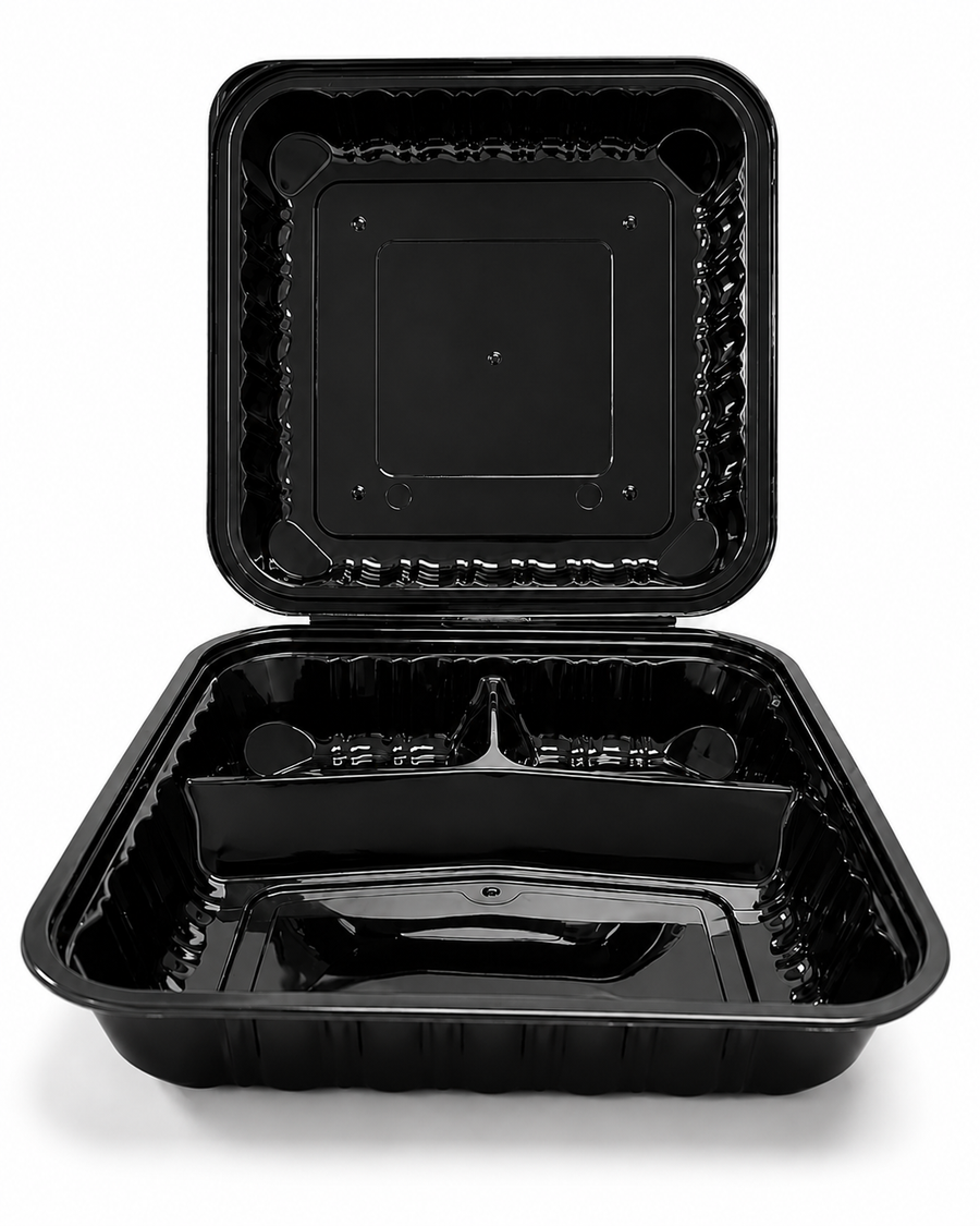 8x8 Hinged Container (3 Compartment) Shine Black - 150/Case