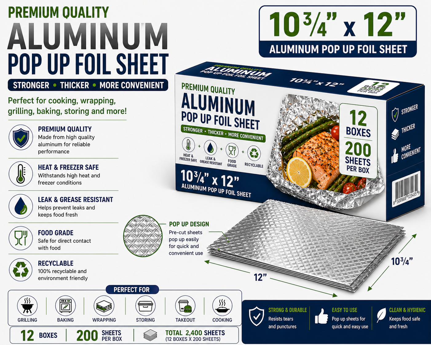 10 3/4 x 12 Aluminum Pop Up Foil Sheet (Sandwich Wrap) - 2400/Sheets