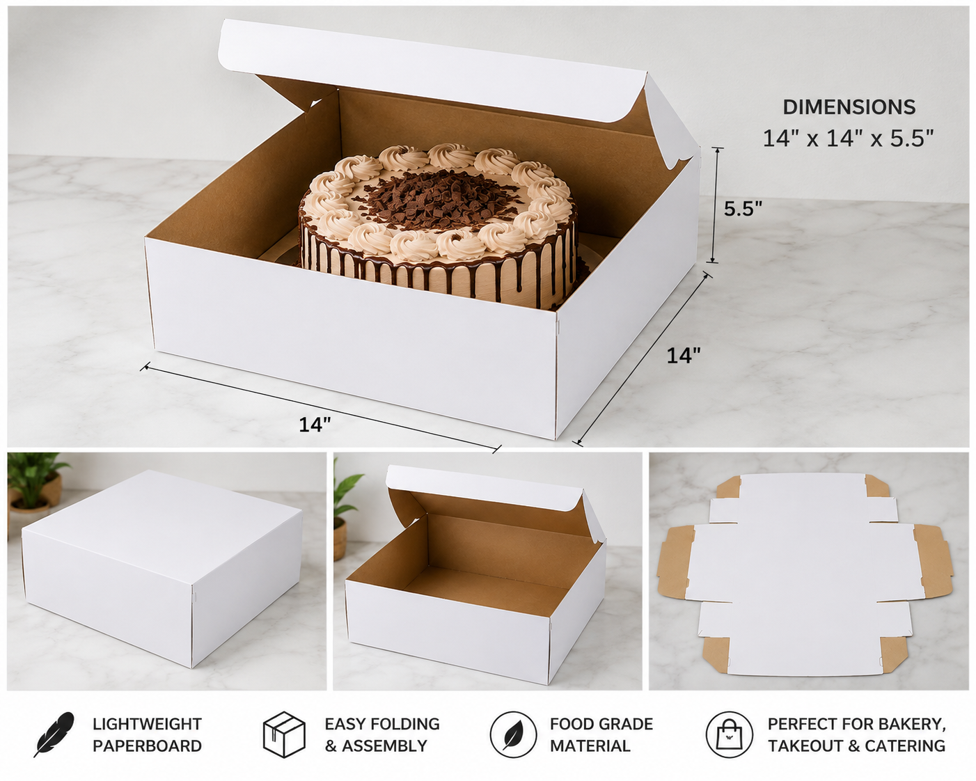 14" x 14" x 5.5" White Cake / Bakery Box - 50/Case