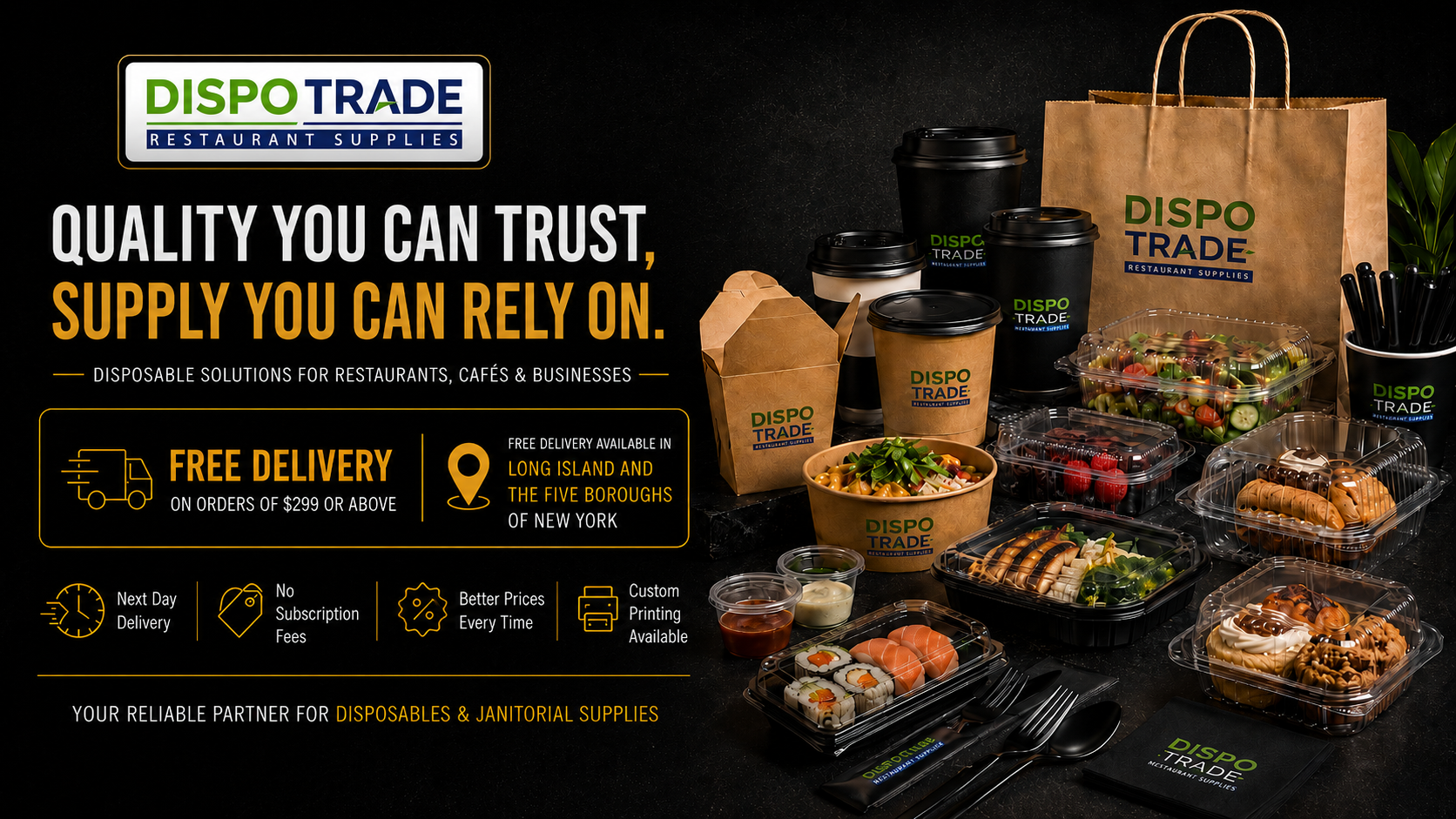DISPOTRADE restaurant supplies hero cover showing disposable food packaging and delivery details