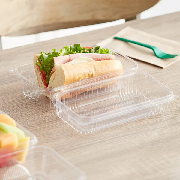 Clear Compostable PLA Hinged Clamshell Container 9" x 5" x 3" - 200/Case image 1 for NYC and Long Island restaurant supplies