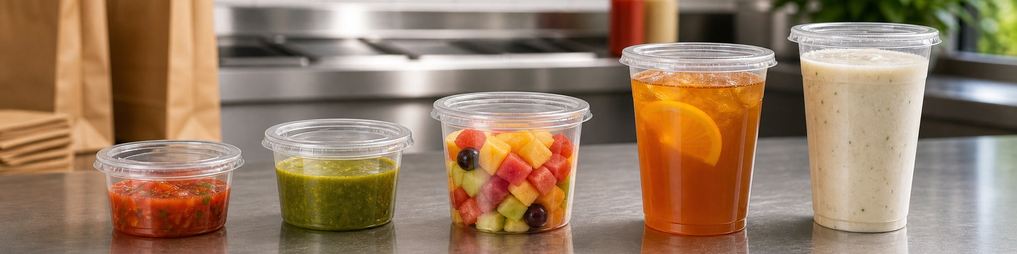 Five clear deli soup container sizes arranged from 8 ounce to 32 ounce